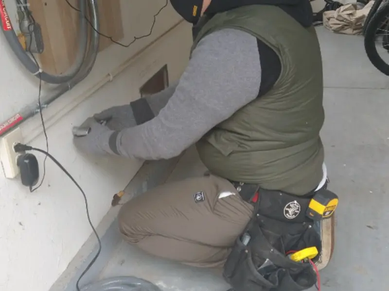 Electrician performing outlet wiring in a Oscoda garage